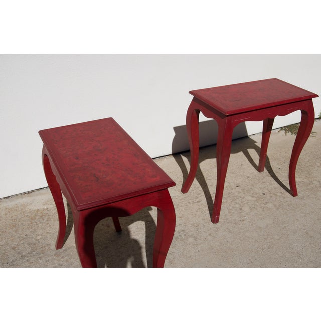 Pair of Handcrafted Louis XV-Style End Tables in Mahogany With Elm Burl Tops For Sale - Image 11 of 16