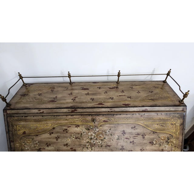 French Provincial 1990s Lillian August French Provincial Painted Floral Slant-Front Secretary Desk With Brass Gallery For Sale - Image 3 of 18