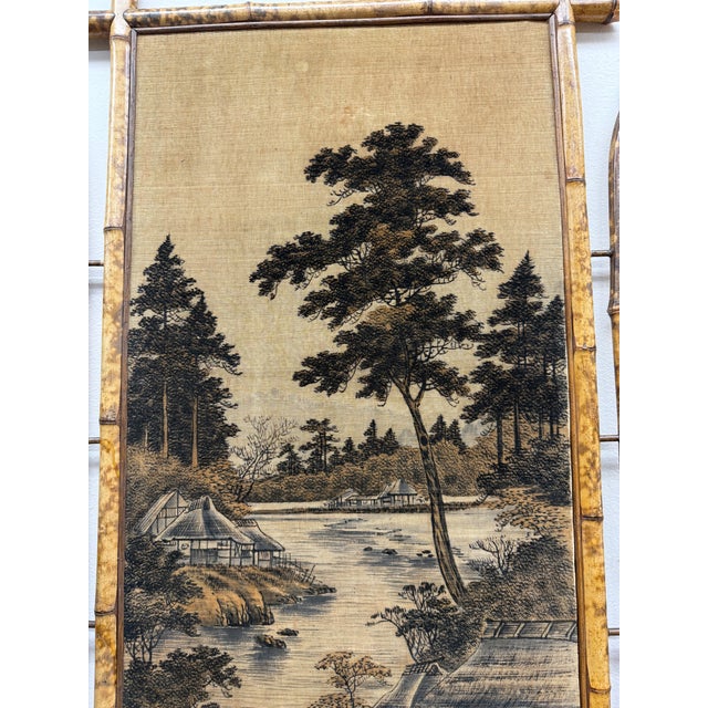 1920s Pair of Scenic Asian Silk and Cotton Panels in Tortoise Bamboo Frames, C. 1920’s For Sale - Image 5 of 12