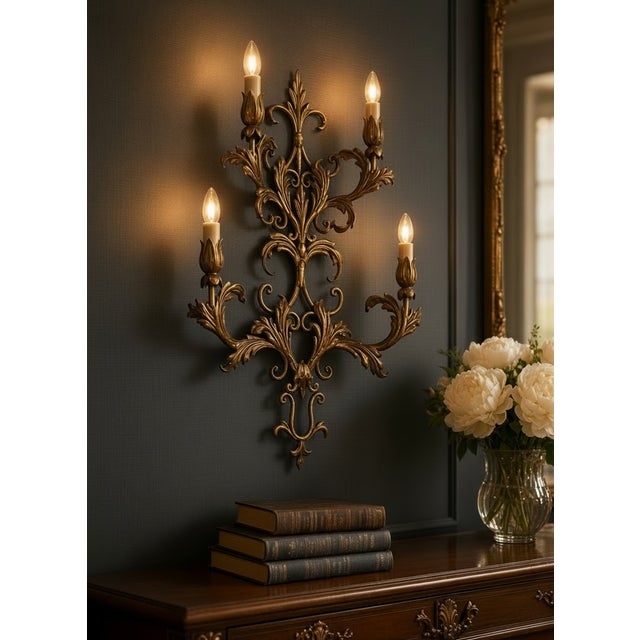 An impressive pair of mid-century Italian Florentine four-light wall sconces, masterfully hand-forged from tole iron and...