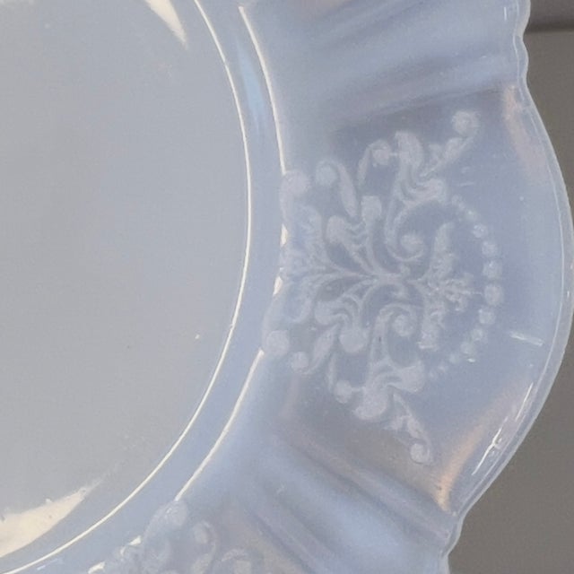 Art Nouveau Vintage 1930s Macbeth-Evans American Sweetheart Monax White Opalescent Glass Floral Embossed Dessert Plates, Set of 7 For Sale - Image 3 of 9