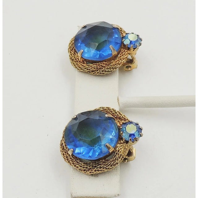 1960s Blue-Green Rhinestone Clip Earrings - 2 Pieces For Sale - Image 4 of 8