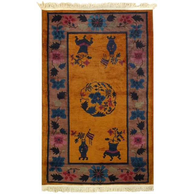 Pasargad Orange Antique Chinese Art Deco Rug-3'1'' X 4'9" For Sale
