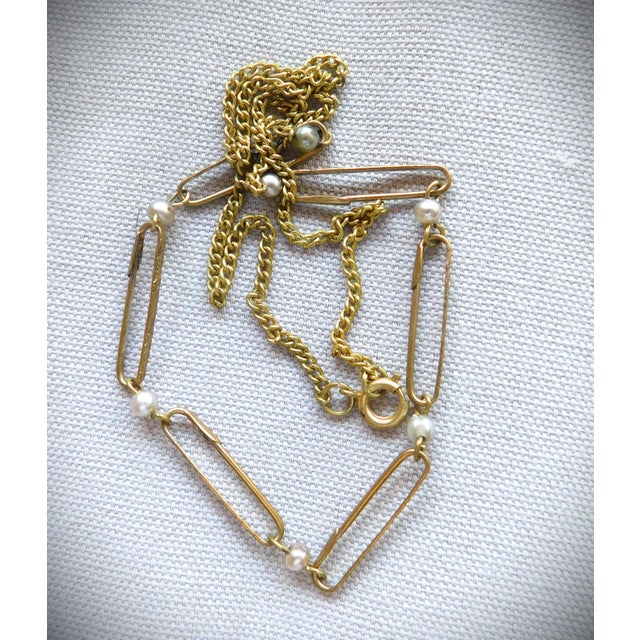 Antique Etched 9K Gold Victorian Lingerie Pin Necklace with Pearl Beads Between Each of the Five Pins, and fine gold...