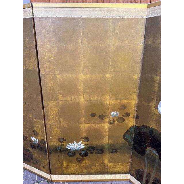 Vintage Japanese Byobu With Painted Lotus Flowers 4 Panels Folding Screen For Sale - Image 14 of 16