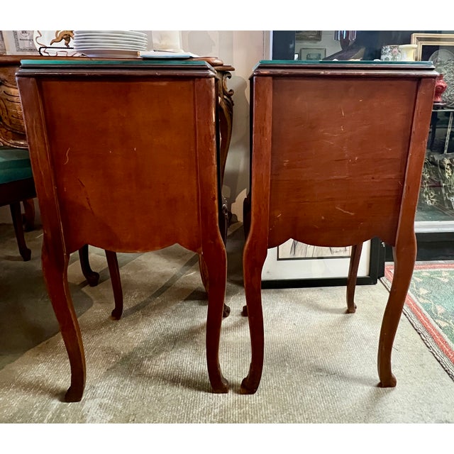 Vintage 1920s French-Style End Tables With 3-Drawers, Ornate Carvings and Glass Tops For Sale - Image 9 of 10