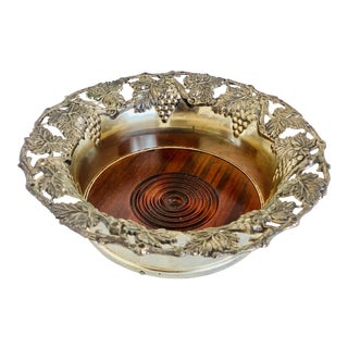 Large Vintage Late 20th Century Silver-Plate Towle Champagne/Wine Bottle Coaster With Intricate Grape Vine Design For Sale