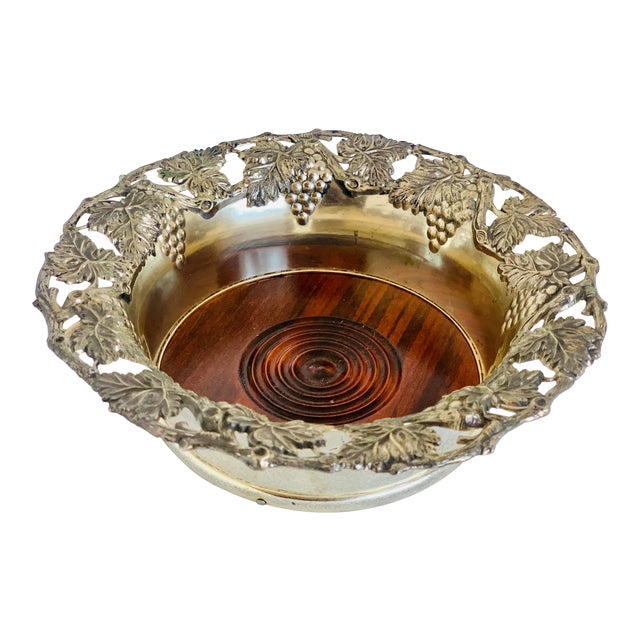 Large Vintage Late 20th Century Silver-Plate Towle Champagne/Wine Bottle Coaster With Intricate Grape Vine Design For Sale