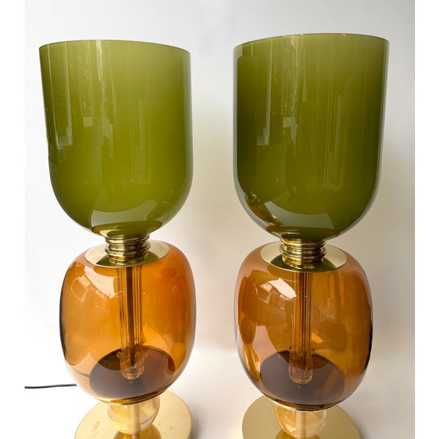 Contemporary Pair of Brass and Murano Glass Green Shades Lamps, Italy For Sale - Image 10 of 11