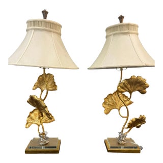 Pair of Gilt Bronze Ginkgo Leaf Table Lamps With Shades For Sale