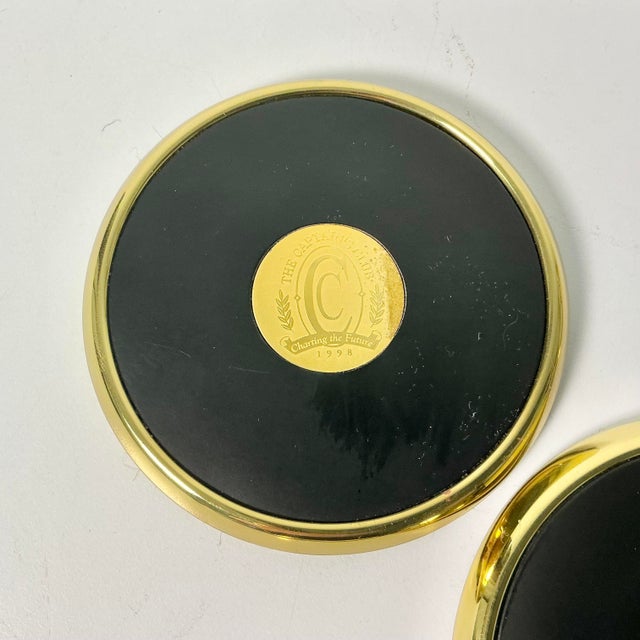 1990s Vintage Hollywood Regency Traditional Brass & Leather Coasters - Set of 5 For Sale - Image 6 of 10