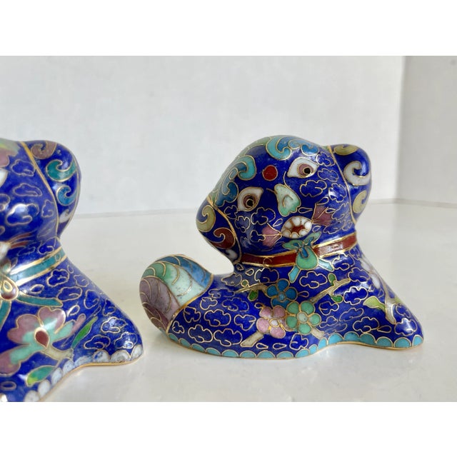 Asian Pair of Petite Asian Cloisonné Foo Dog Figurines For Sale - Image 3 of 11