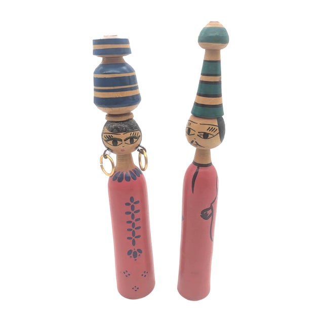 Grand Tour 1970s Vintage North African Wood Spindle Dolls, a Pair For Sale - Image 3 of 11