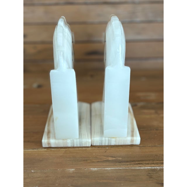 Vintage Onyx Horse Head Bookends – Cream & Taupe Striped Stone Pair, 6.5” For Sale - Image 4 of 11