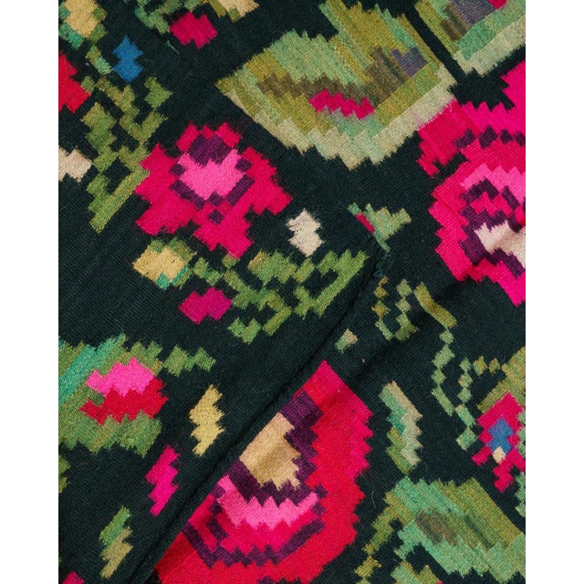 Vintage Romanian-Moldovan Handwoven Wool Kilim Rug with Black Floral Rose Pattern, 1960s For Sale - Image 6 of 8