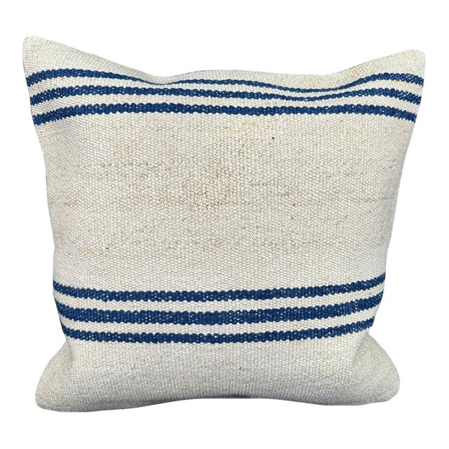 Turkish Hemp Pillow Cushion Natural Beige Blue Cushion Cover 20"x20" For Sale