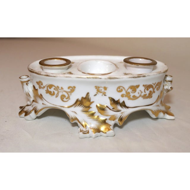 Antique 19th Century Hand Painted Gold Gilded Porcelain Writing Stand Inkwell For Sale - Image 4 of 11