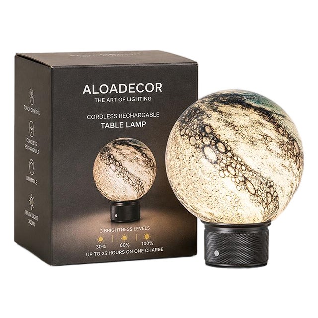 Aloadecor Cosmic Blue Hand-Blown Art Glass Globe Table Lamp Cordless Rechargeable Decorative Bedside Lamp With Dimmable Led For Sale