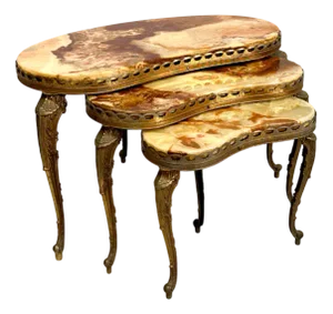 Vintage Hollywood Regency Nesting Tables in Brass and Onyx, Set of 3