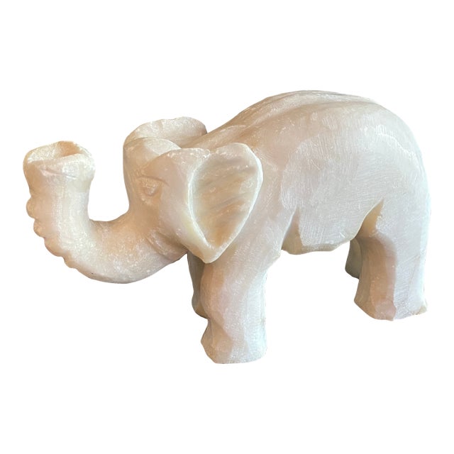 Vintage Hand-Carved Alabaster Elephant Sculpture – Mid-Century White Stone Figurine For Sale