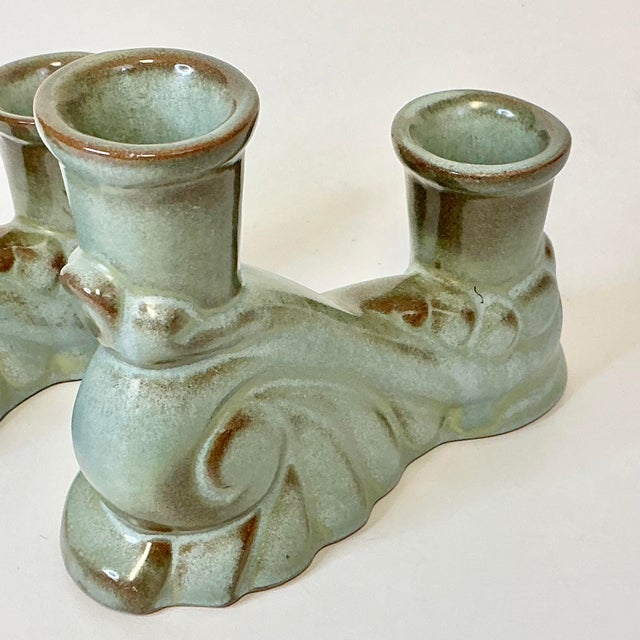 1950s Vintage Boho Chic Americana Arts & Crafts Frankoma Pottery Double Arm Candlestick Holders - A Pair For Sale - Image 13 of 18
