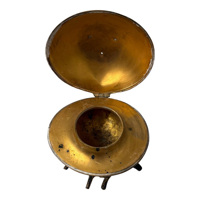 Antique Art Nouveau Solid Brass Clam Shell Desktop Inkwell in Twig Base For Sale