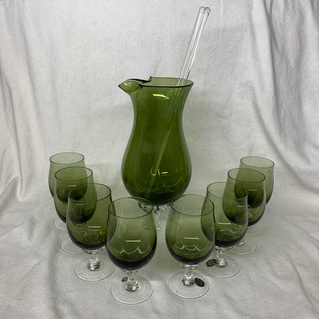 Vintage Sasaki Hand Blown Glass Avocado Green Cocktail Glasses & Decanter, Stirrers - Set of 11 For Sale - Image 9 of 9