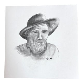 “Bearded Man in Hat” Original Contemporary Charcoal Portrait Drawing by Nancy Smith For Sale