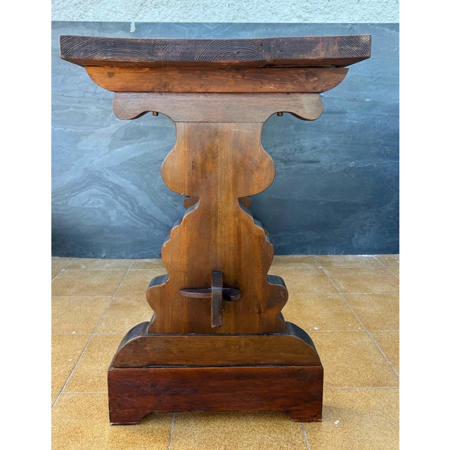 Brown Spanish Rustic Trestle Console Table with Carved Pedestal Supports, 1940s For Sale - Image 8 of 8