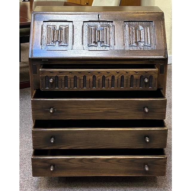 Vintage English Oak Drop Front Bureau / Desk c.1940 For Sale - Image 11 of 13