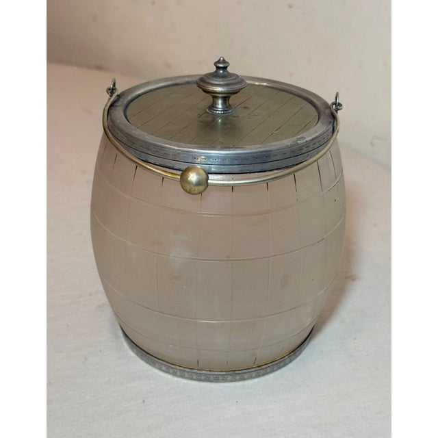 Antique English Frosted Glass Silverplate Barrel Biscuit Cookie Jar Ice Bucket For Sale - Image 4 of 12