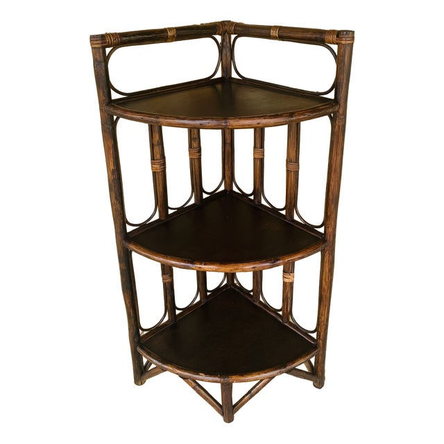 Mid-Century Modern Bamboo and Rattan Three-Tier Corner Shelf, 1960s For Sale