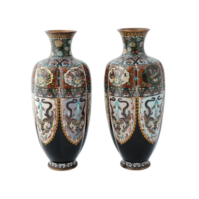 Large Pair of Antique Meiji Japanese Cloisonne Enamel Lobbed Vases With Dragons For Sale In New York - Image 6 of 8