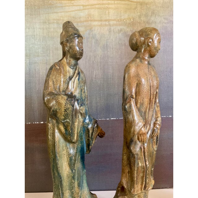 Pair of Vintage/Antique Ceramic Asian Scholar Figures on Pedestal Bases Set of 2 For Sale - Image 12 of 18