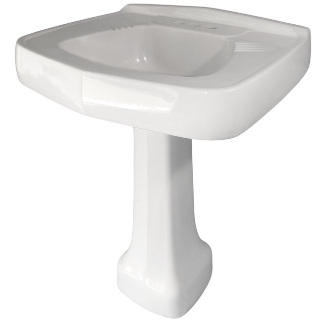 Mid-Century Modern 1948 Vintage Art Deco White Vitreous China Pedestal Sink in Excellent Condition For Sale - Image 3 of 18