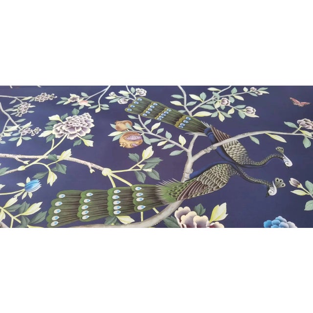 Not Yet Made - Made To Order 36" * H100"/Panel * 5ps, Navy Blue Chinoiserie Peacock Garden Wallpaper, Peacock and Peony For Sale - Image 5 of 6