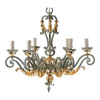 Mid 20th Century French Verdigris Six-Light Chandelier of Forged Iron with Gilt Accent For Sale
