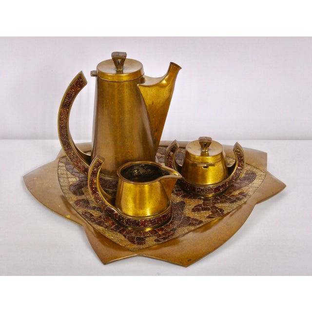 Mid-Century Mexican Modern solid brass and glass tile Mosaic coffee service by Salvador Teran. Reflective Copper toned...