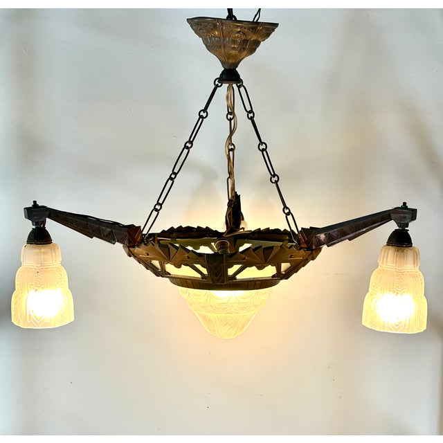 Art Deco 4-Light Chandelier in Glass and Metal, 1930s For Sale - Image 13 of 13