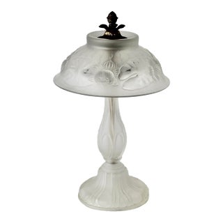 Vintage Lalique Style Art Nouveau Frosted Glass Lamp Floral Relief For Sale