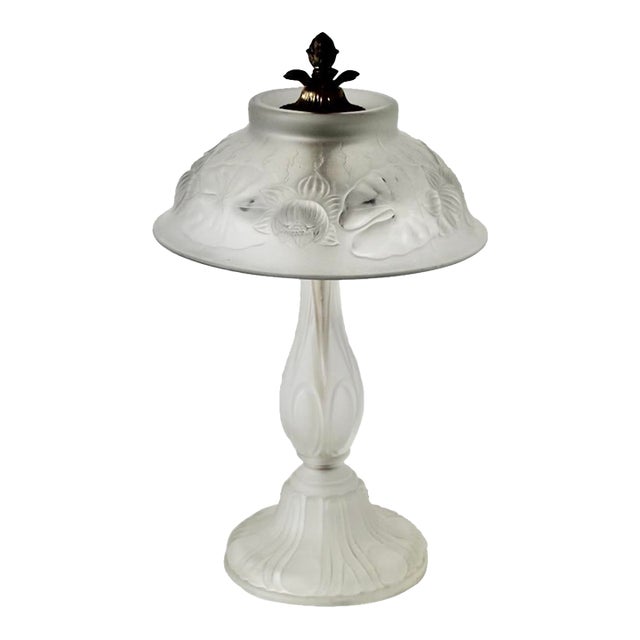 Vintage Lalique Style Art Nouveau Frosted Glass Lamp Floral Relief For Sale