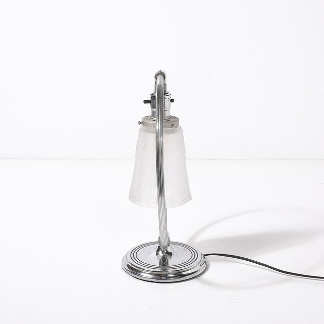 1930s 1930s Art Deco Chrome & Frosted Cubist Shade Open Form Table Lamp Signed Muller Freres For Sale - Image 5 of 15