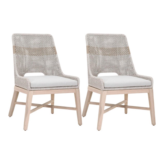 Tapestry Grey Teak Outdoor Dining Chairs, Taupe Stripe & Taupe/White Rope, Set of 2 For Sale