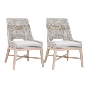 Tapestry Grey Teak Outdoor Dining Chairs, Taupe Stripe & Taupe/White Rope, Set of 2