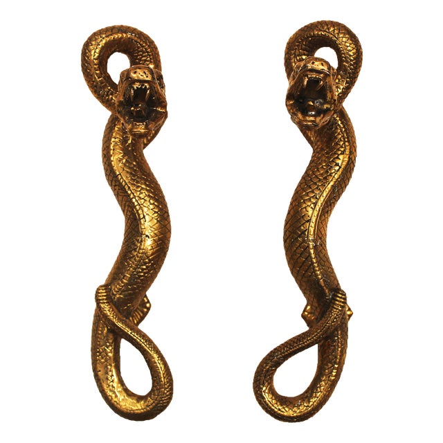 French Handcrafted Brass Snake Door Pull Handles, 1960s, Set of 2 For Sale