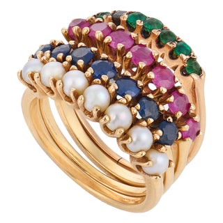 Vintage Sapphire Ruby Emerald Pearl 14k Yellow Gold Multi-Band Ring, Size 6 For Sale