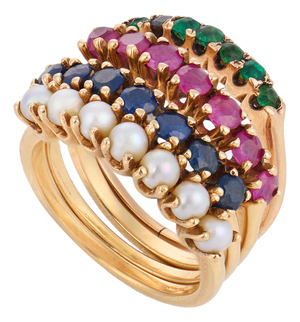 Vintage Sapphire Ruby Emerald Pearl 14k Yellow Gold Multi-Band Ring, Size 6