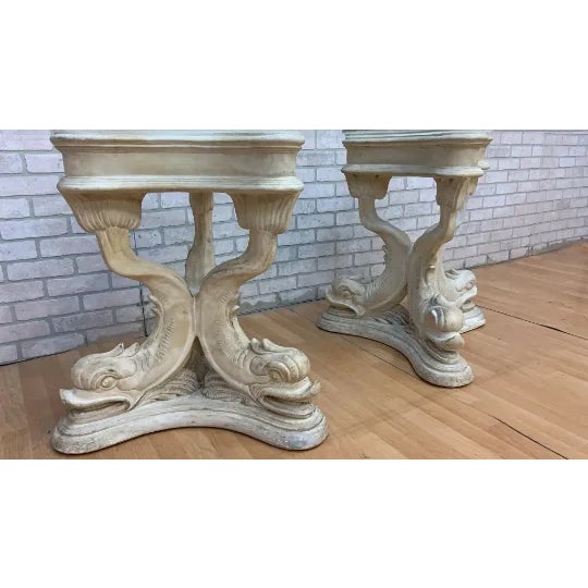 Antique White Vintage Neoclassical Faux-Stone Dolphin Pedestal Table With Glass Top For Sale - Image 8 of 11