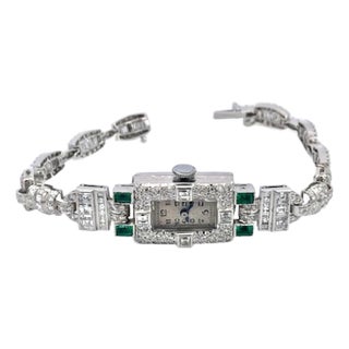 1930s Deco Diamond Emerald Ladies Wristwatch For Sale