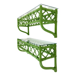 Ficks Reed Vintage Bamboo Wicker and Glass Shelves - a Pair For Sale